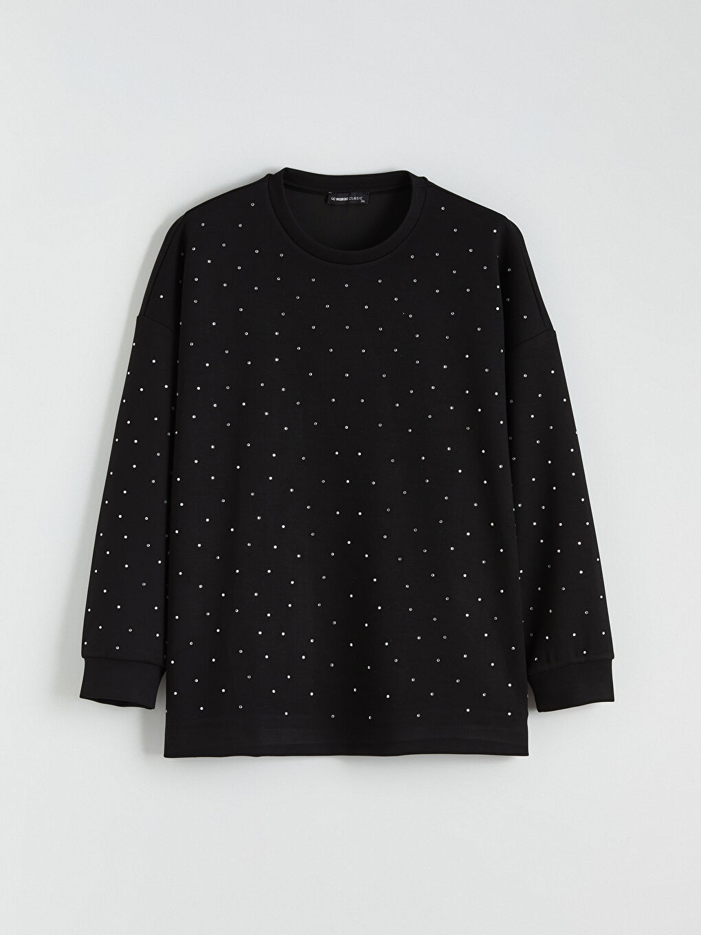 Siyah Büyük Beden Bisiklet Yaka Taşlı Kadın Sweatshirt-4