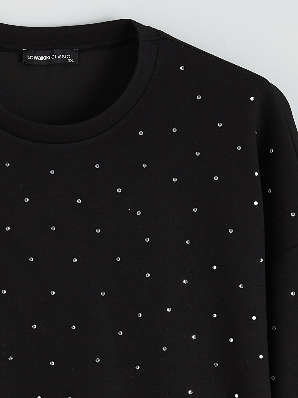 Siyah Büyük Beden Bisiklet Yaka Taşlı Kadın Sweatshirt-5