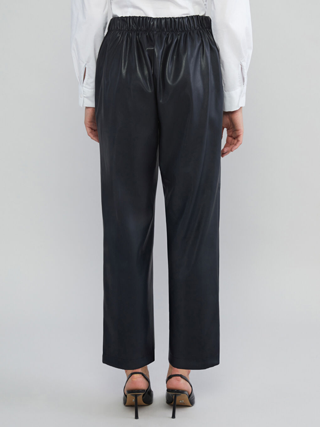 Lacivert Beli Lastikli Deri Görünümlü Kadın Pantolon-6