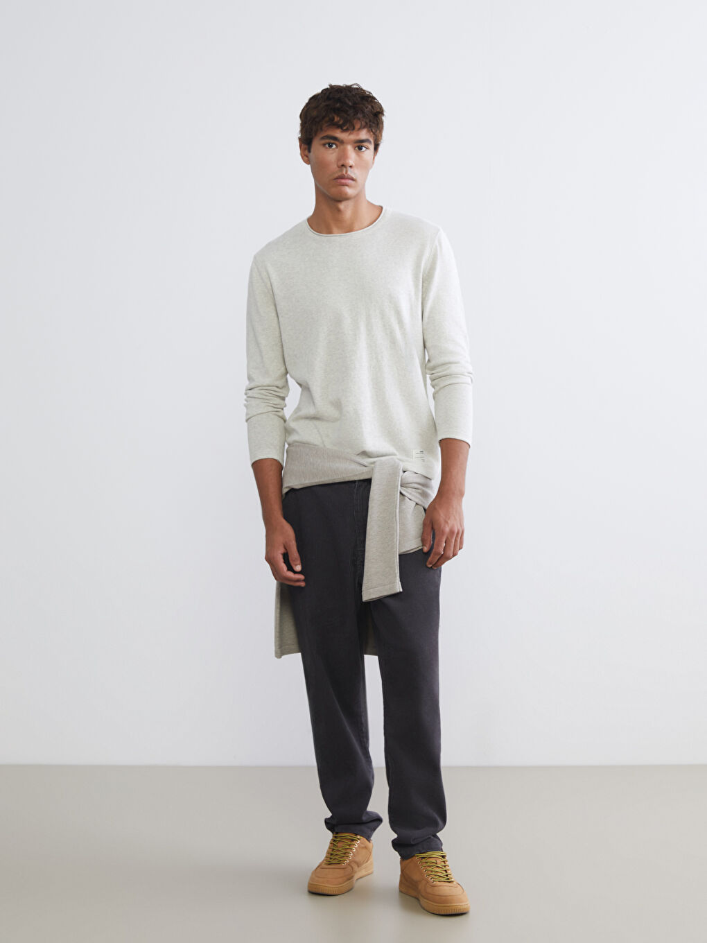 Bej Bisiklet Yaka Erkek Triko Kazak-1