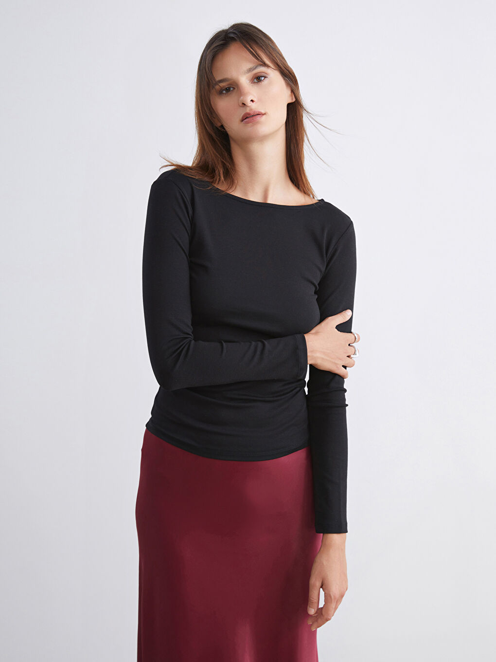 Siyah Kayık Yaka Kadın Body