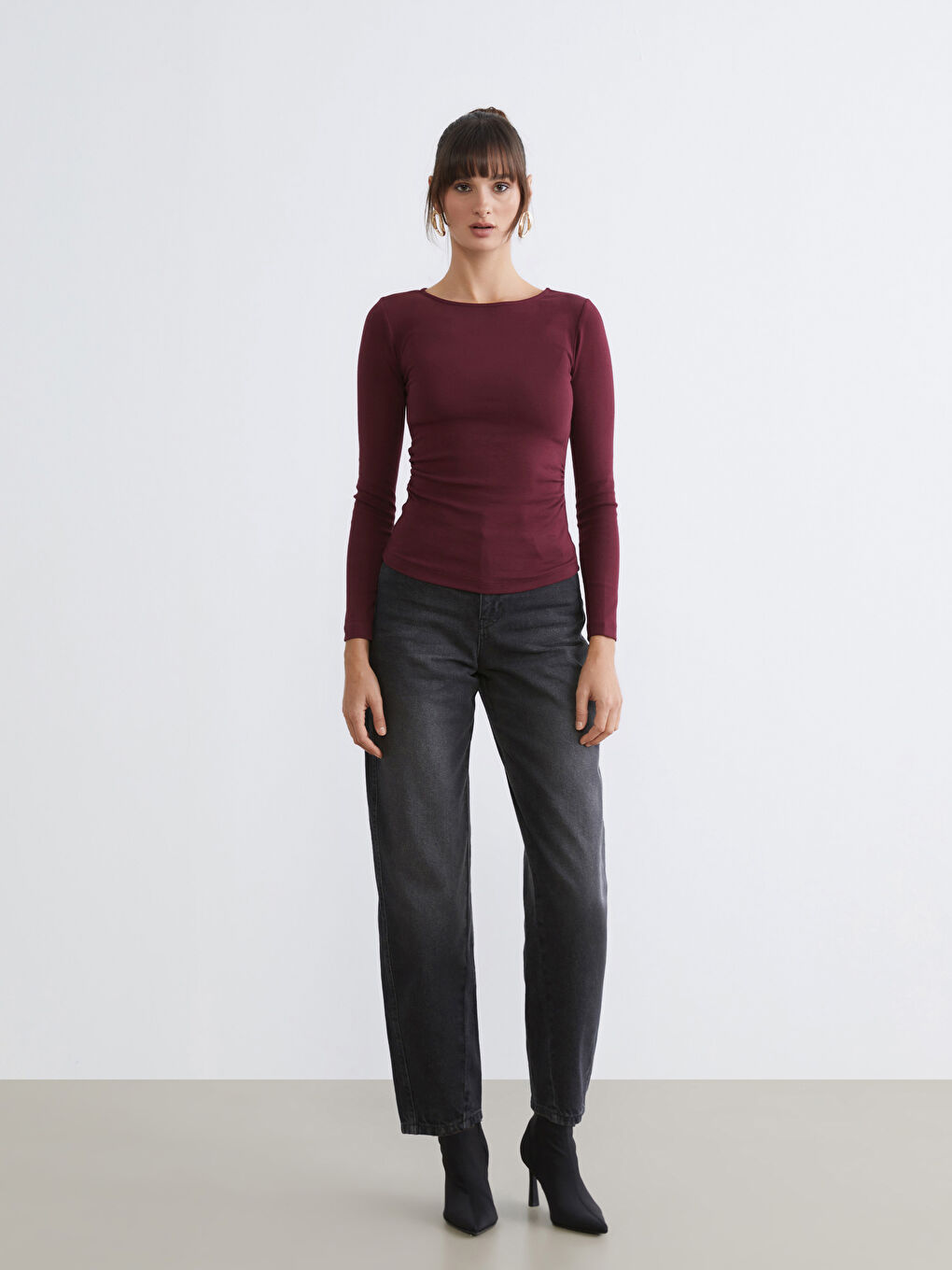 Bordo Kayık Yaka Kadın Body-1