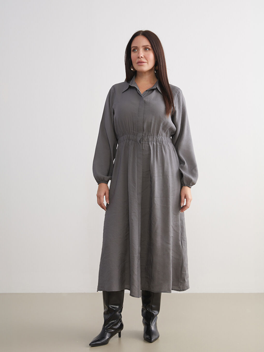 Gri Modal Karışımlı Belden Oturtmalı Gömlek Elbise-2