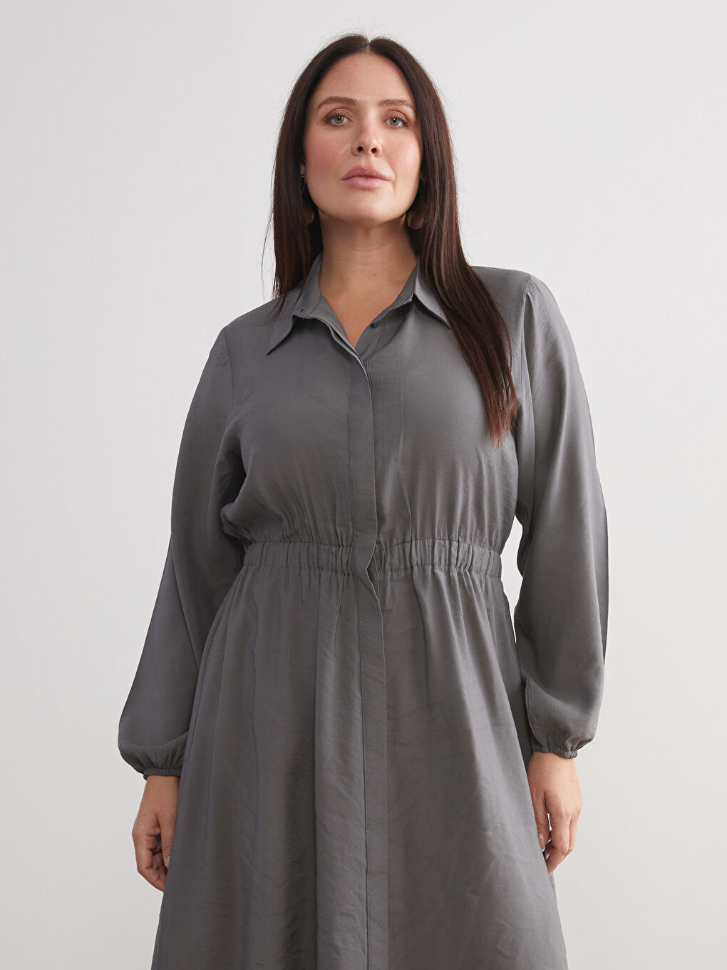 Gri Modal Karışımlı Belden Oturtmalı Gömlek Elbise-9