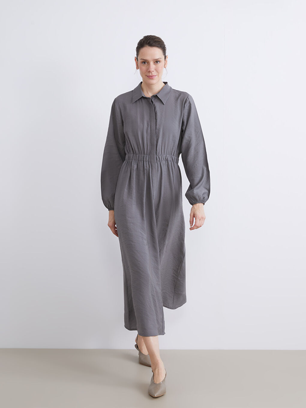 Gri Modal Karışımlı Belden Oturtmalı Gömlek Elbise-1