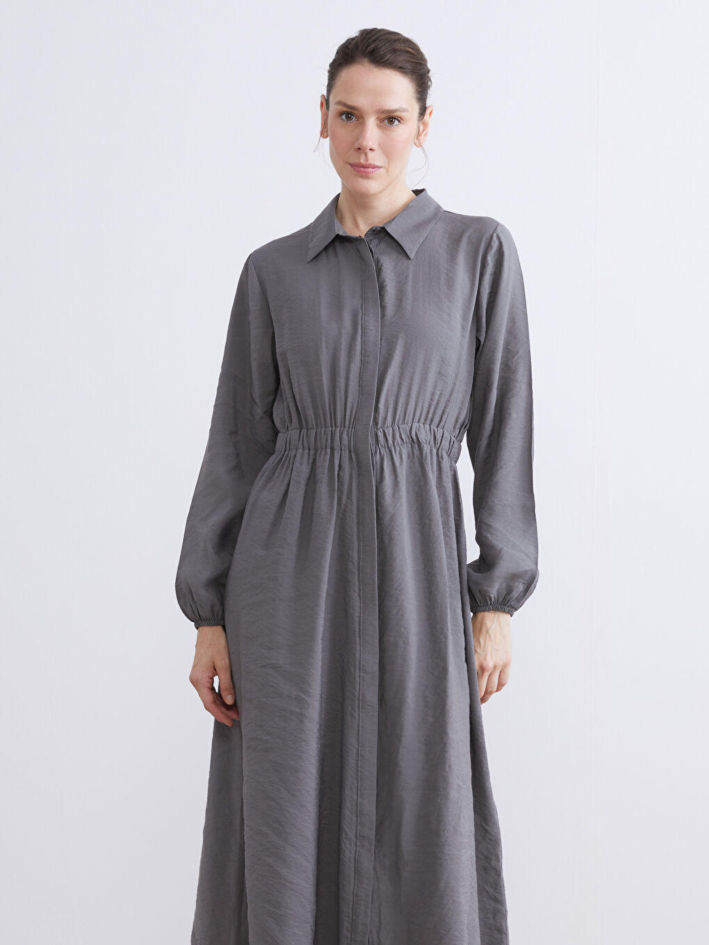 Gri Modal Karışımlı Belden Oturtmalı Gömlek Elbise-4