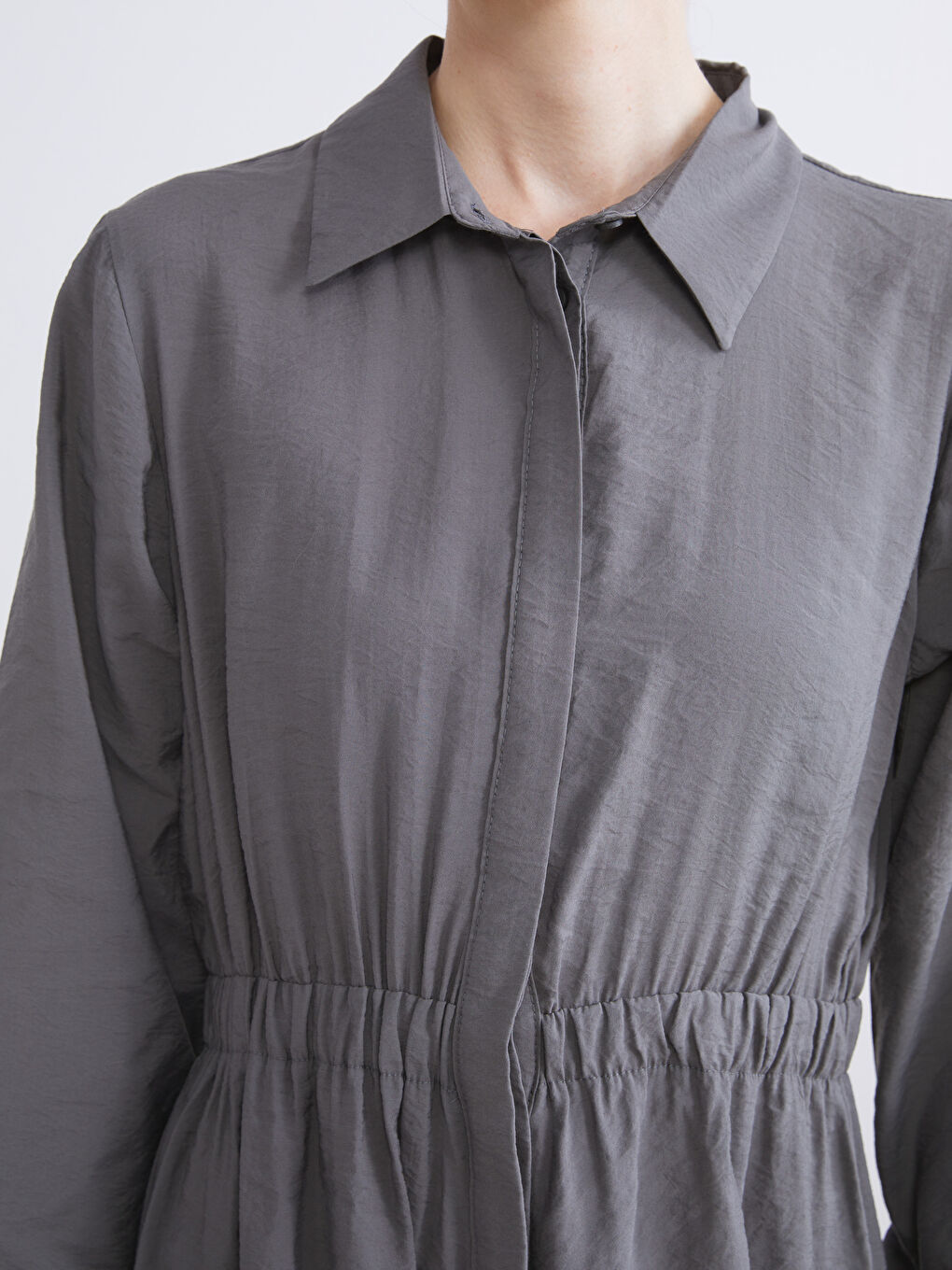 Gri Modal Karışımlı Belden Oturtmalı Gömlek Elbise-6