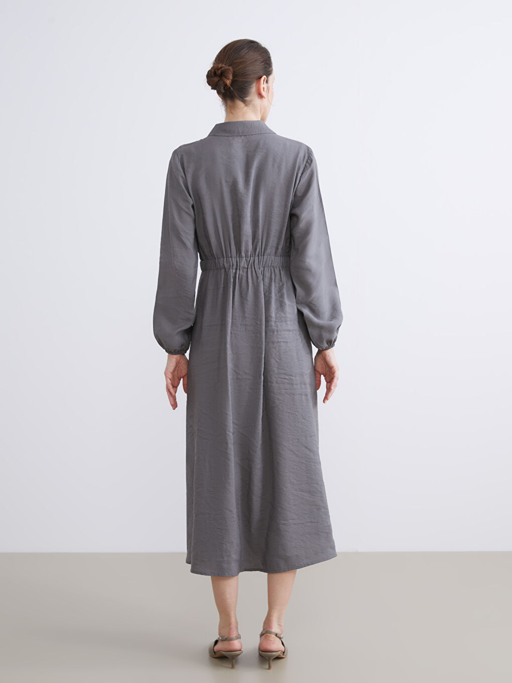 Gri Modal Karışımlı Belden Oturtmalı Gömlek Elbise-8