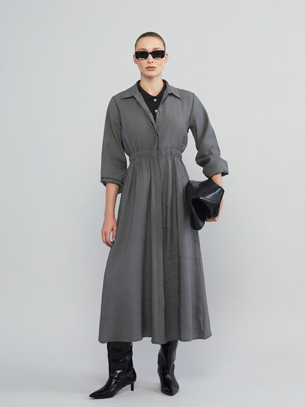 Gri Modal Karışımlı Belden Oturtmalı Gömlek Elbise