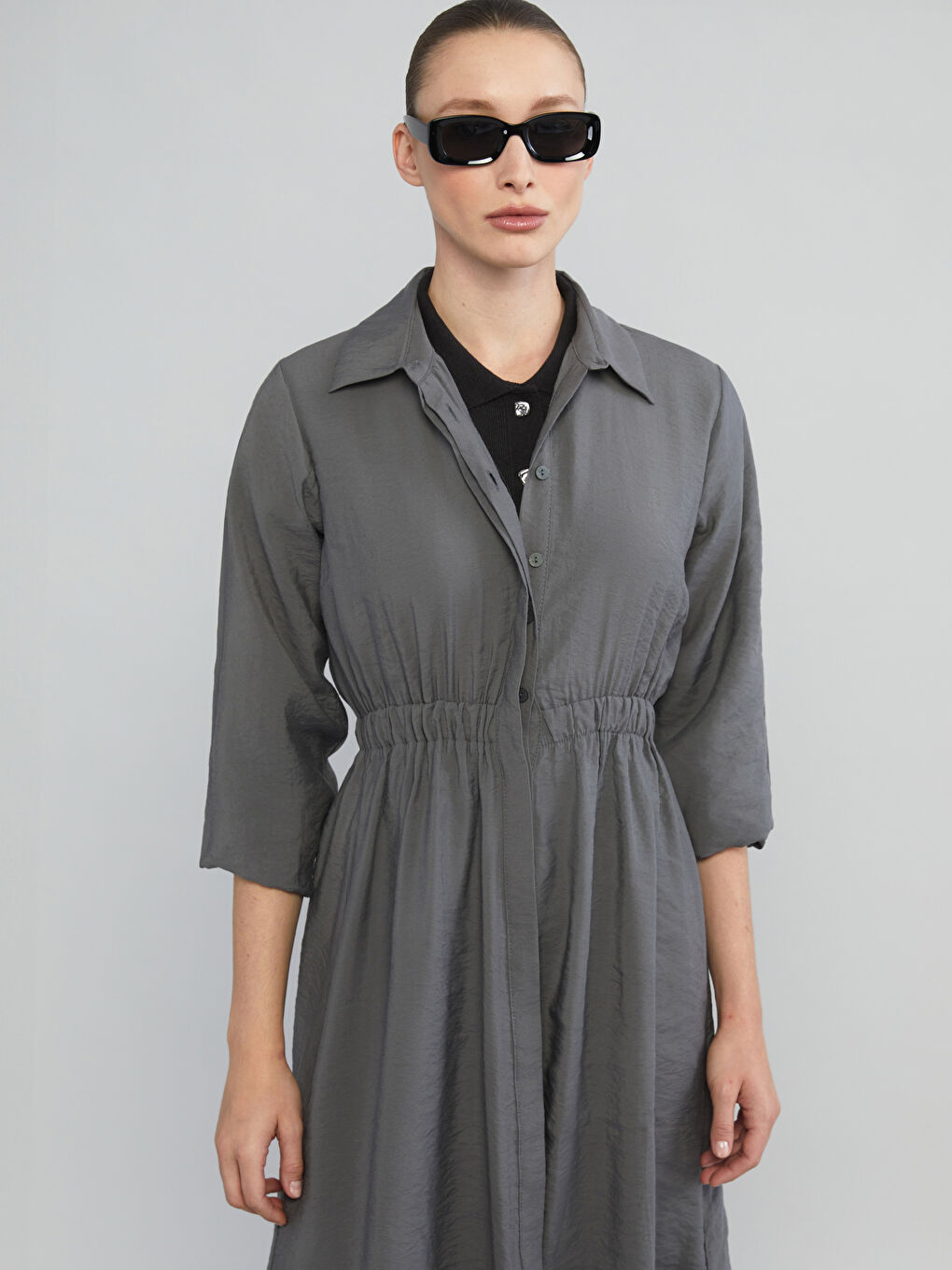 Gri Modal Karışımlı Belden Oturtmalı Gömlek Elbise-3
