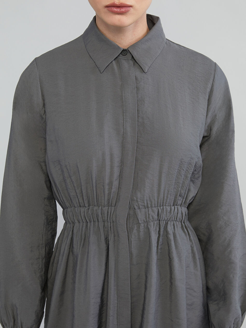 Gri Modal Karışımlı Belden Oturtmalı Gömlek Elbise-5