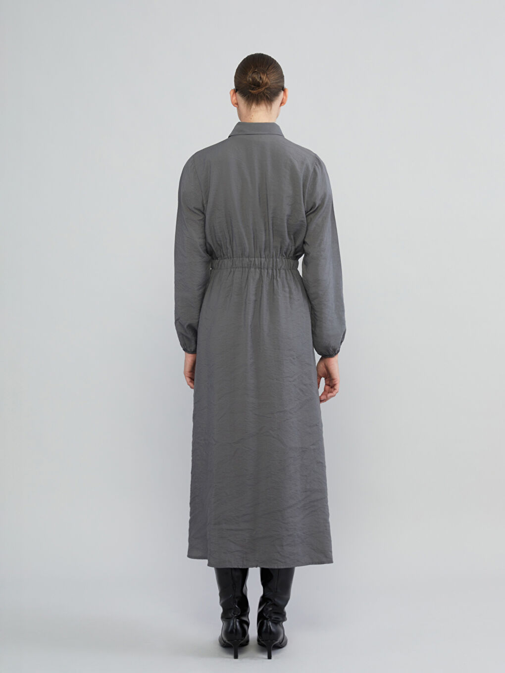 Gri Modal Karışımlı Belden Oturtmalı Gömlek Elbise-7