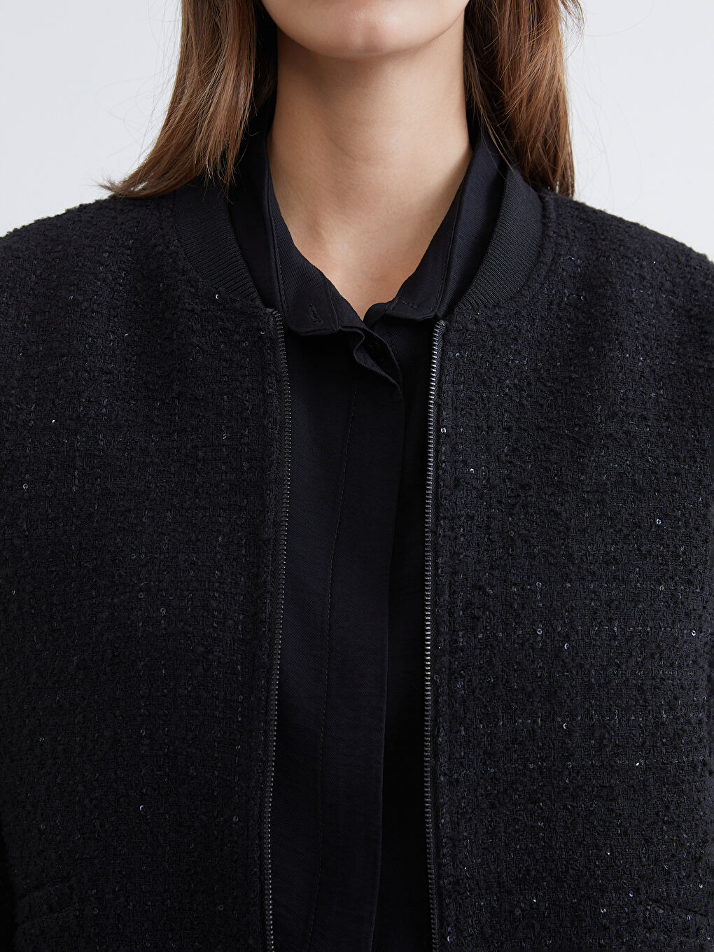 Siyah Kolej Yaka Payetli Kadın Tüvit Ceket-2