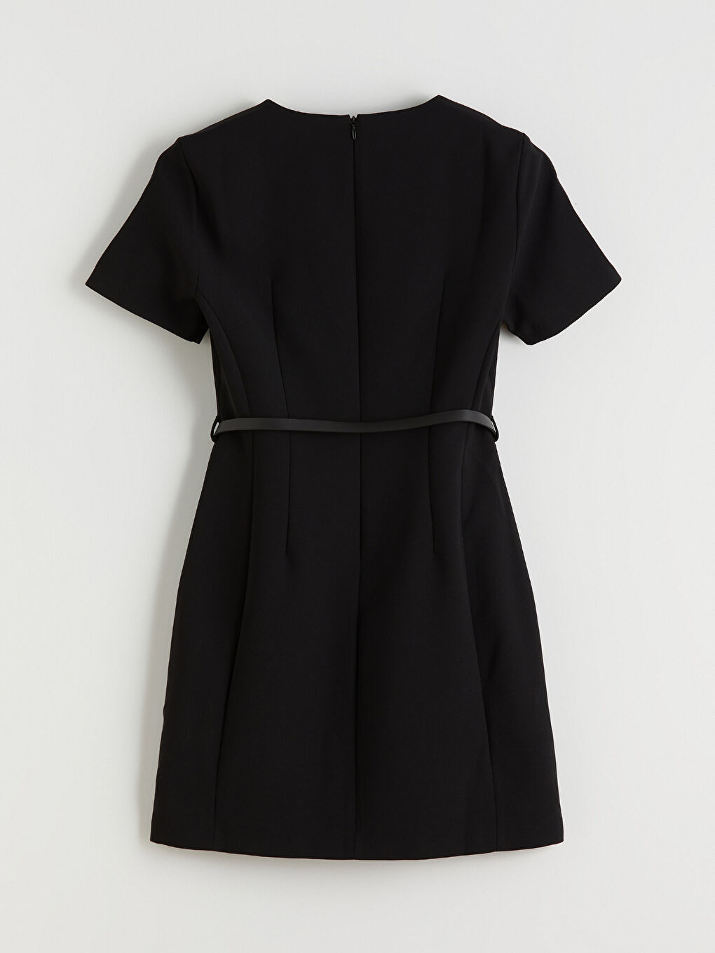 Siyah Bisiklet Yaka Belden Oturtmalı Kemerli Elbise-5