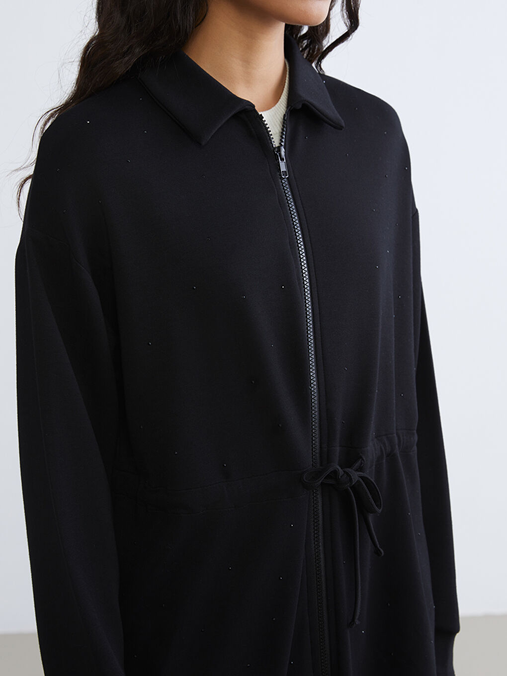 Siyah Gömlek Yaka Oversize Kadın Fermuarlı Sweatshirt-2