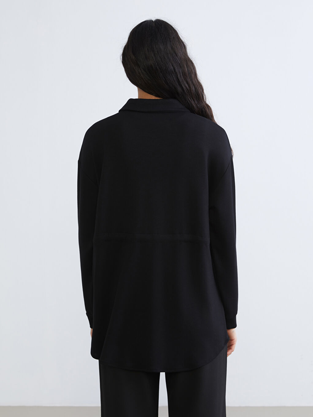 Siyah Gömlek Yaka Oversize Kadın Fermuarlı Sweatshirt-3