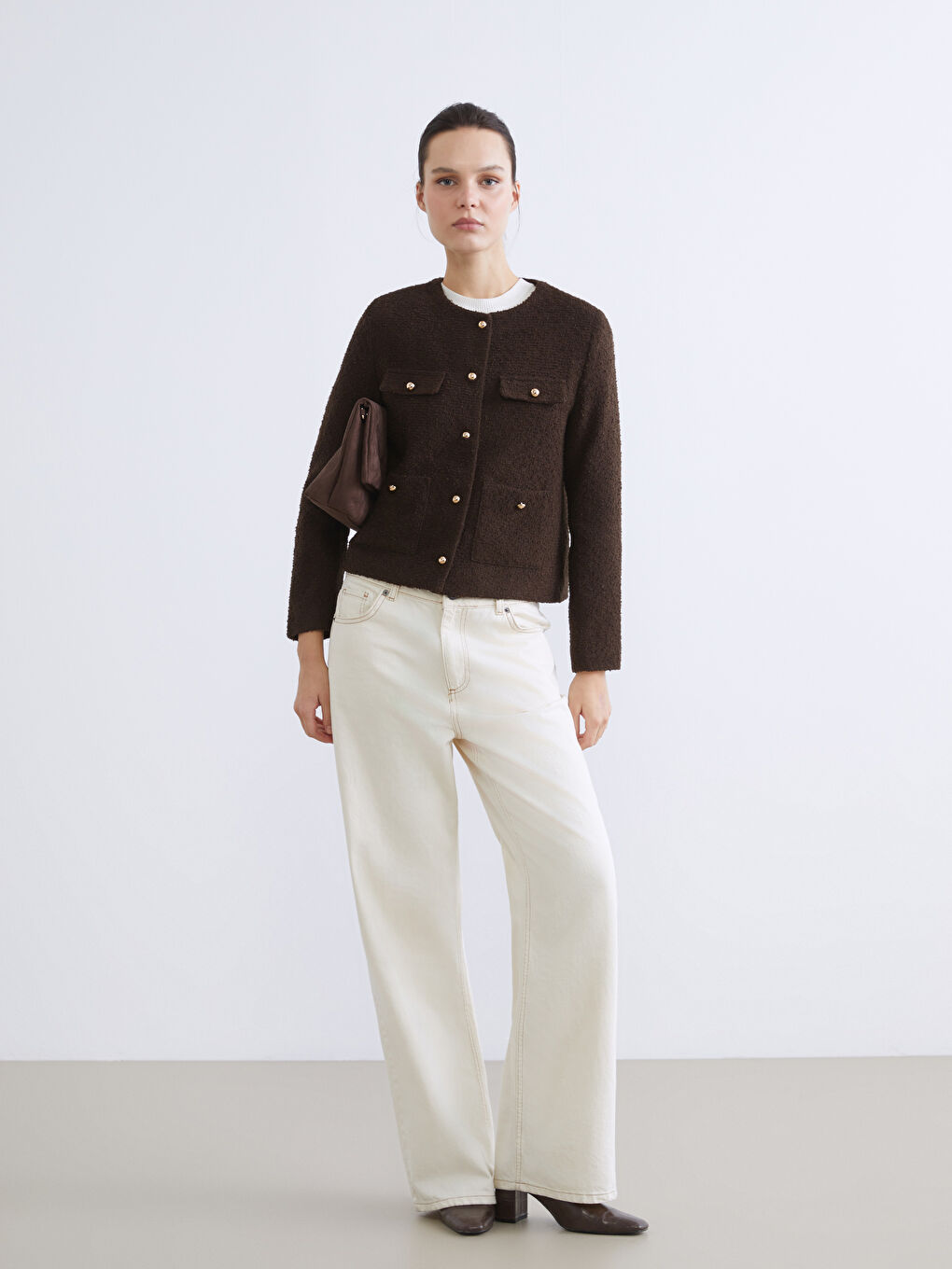 Сако от туид с кръгло деколте за жени-1