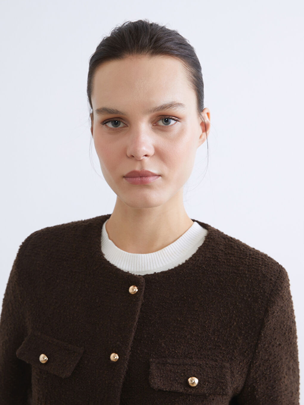 Сако от туид с кръгло деколте за жени-2