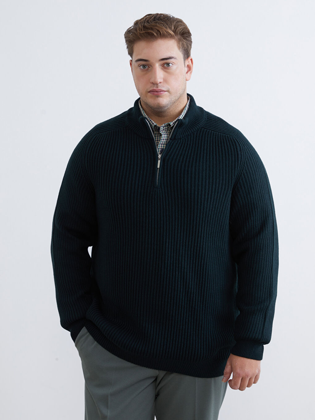 Yeşil Büyük Beden Dik Yaka Erkek Triko Kazak