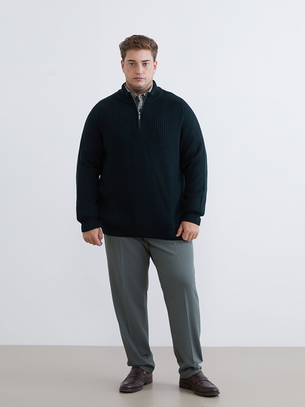 Yeşil Büyük Beden Dik Yaka Erkek Triko Kazak-1