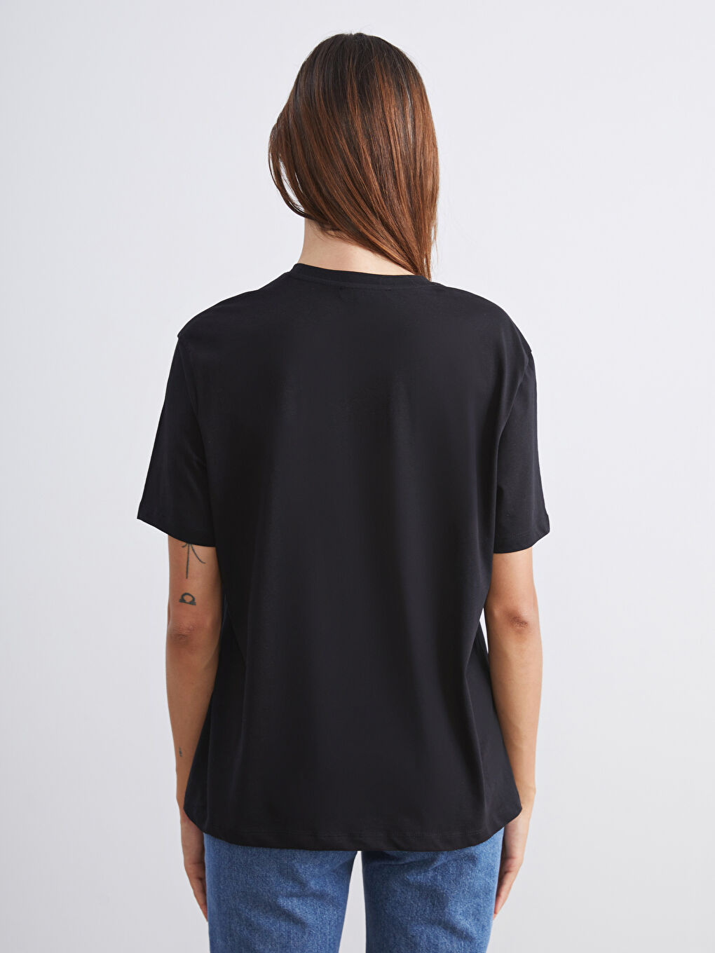 Siyah Bisiklet Yaka Slogan Baskılı Oversize Kadın Tişört-3