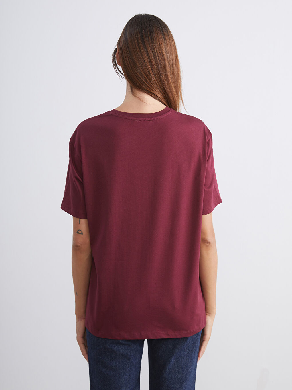 Bordo Bisiklet Yaka Slogan Baskılı Oversize Kadın Tişört-3