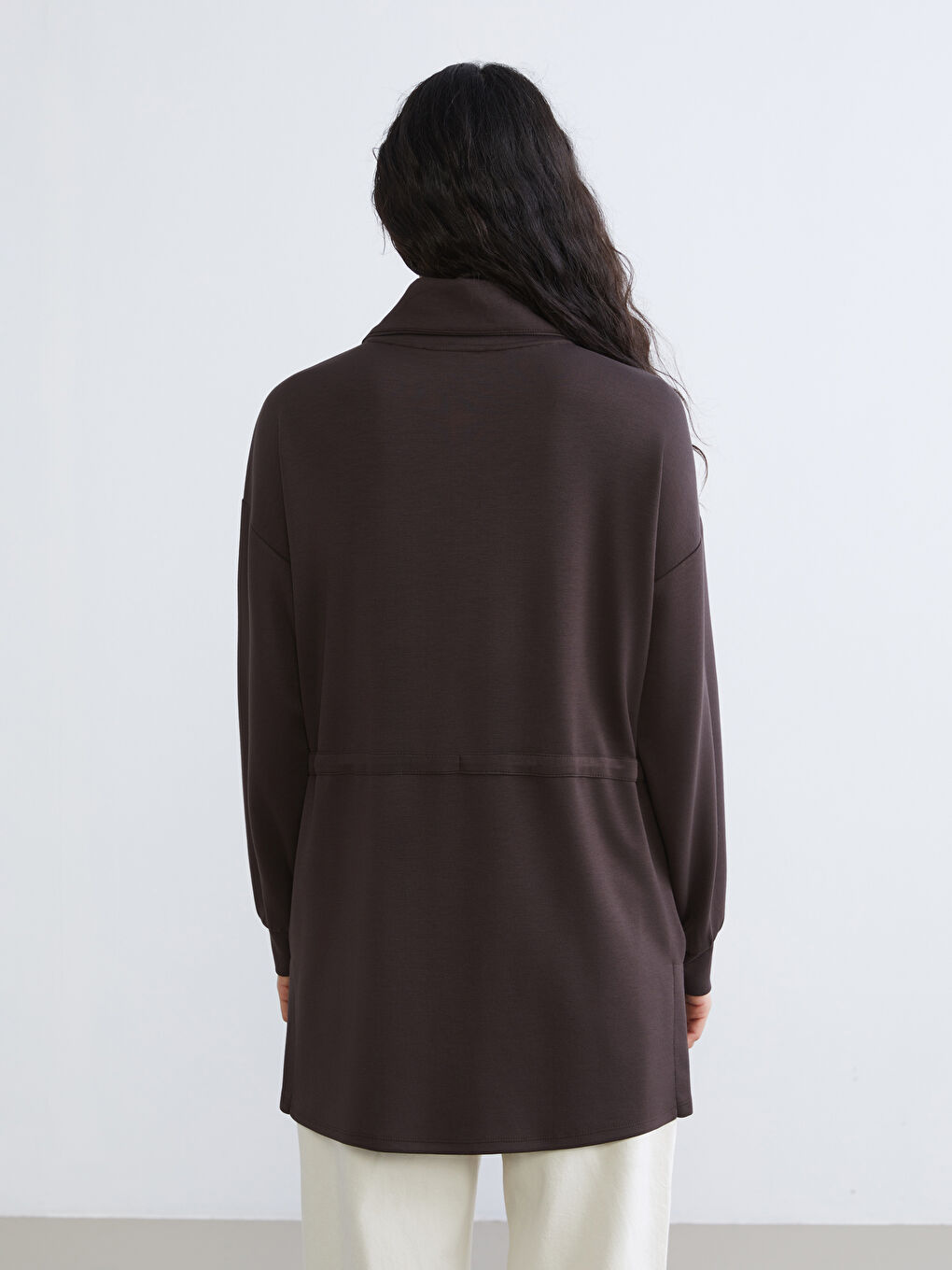 Kahverengi Dik Yaka Kadın Sweatshirt Tunik-3