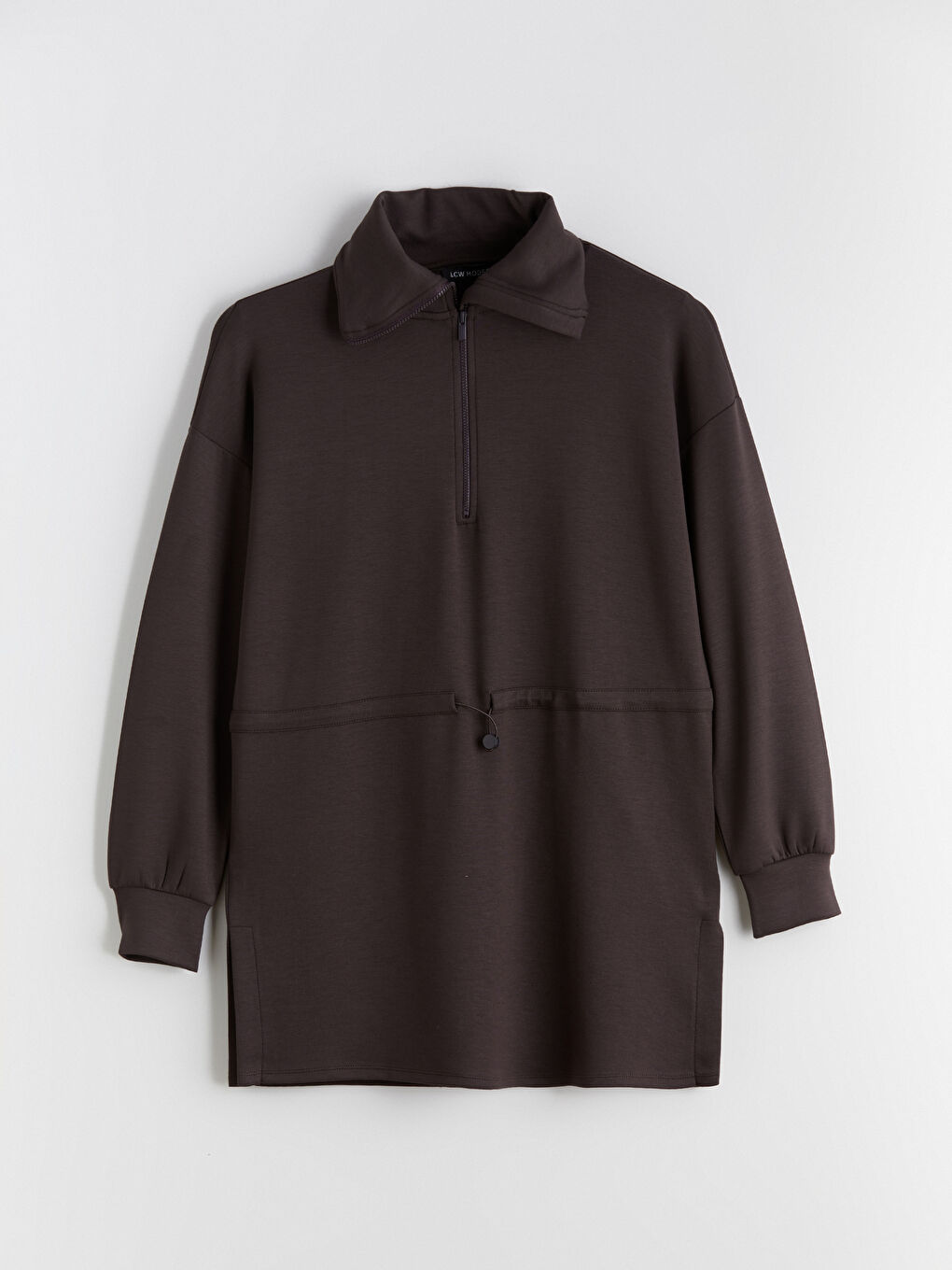 Kahverengi Dik Yaka Kadın Sweatshirt Tunik-4