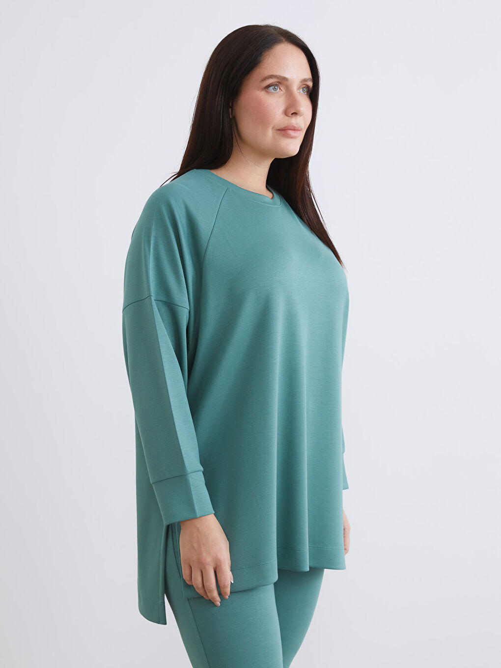 Yeşil Bisiklet Yaka Oversize Kadın Sweatshirt Tunik-1
