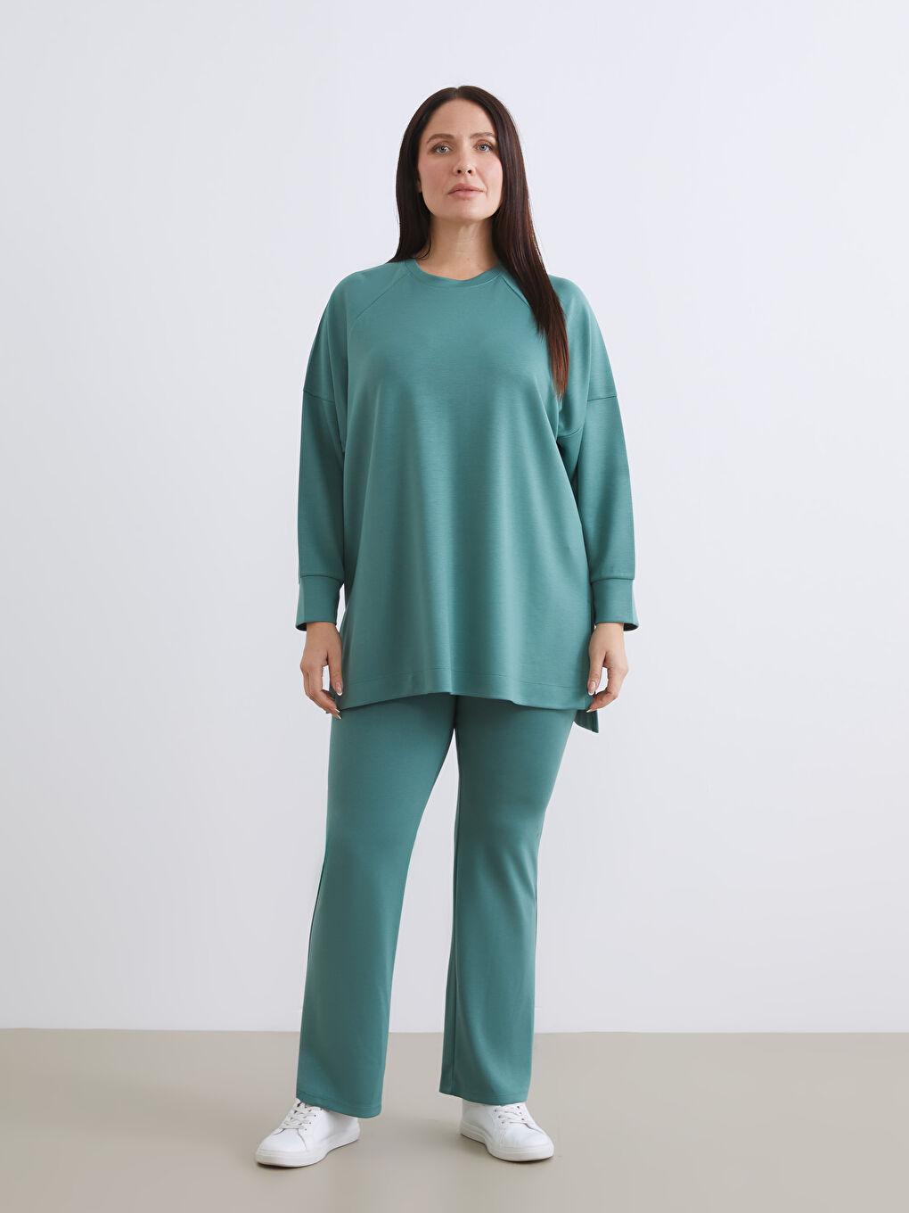 Yeşil Bisiklet Yaka Oversize Kadın Sweatshirt Tunik-5