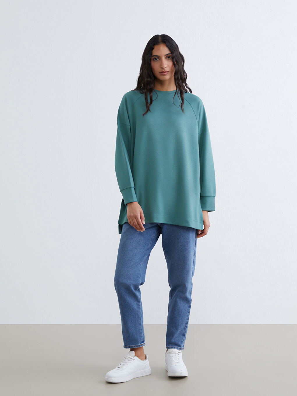 Yeşil Bisiklet Yaka Oversize Kadın Sweatshirt Tunik-2