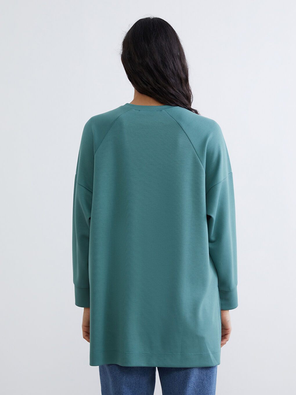 Yeşil Bisiklet Yaka Oversize Kadın Sweatshirt Tunik-4