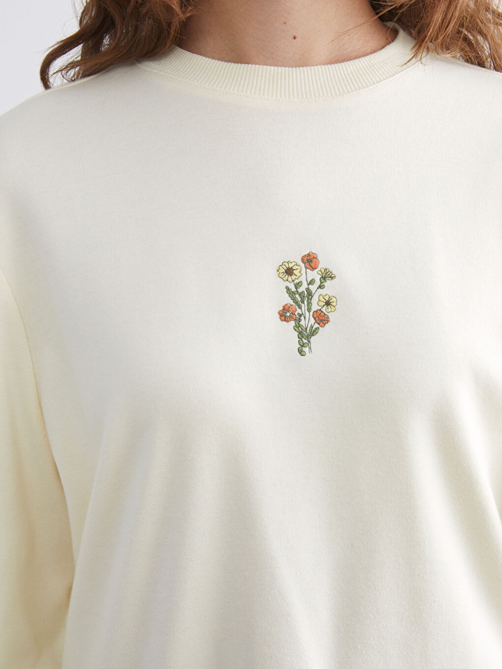 Bej Çiçekli Oversize Kadın Sweatshirt Tunik-2