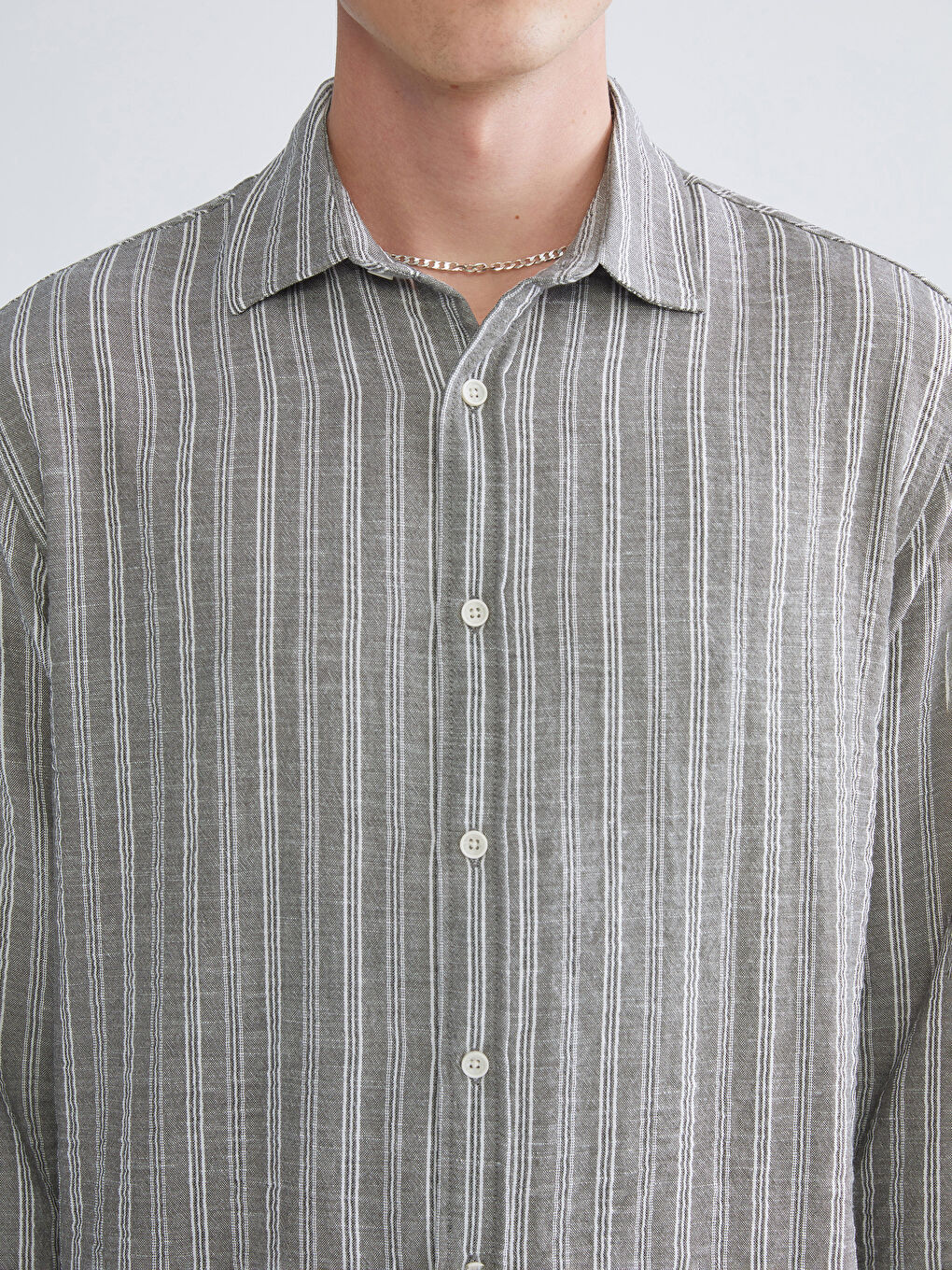 Haki Regular Fit Çizgili Erkek Gömlek-2