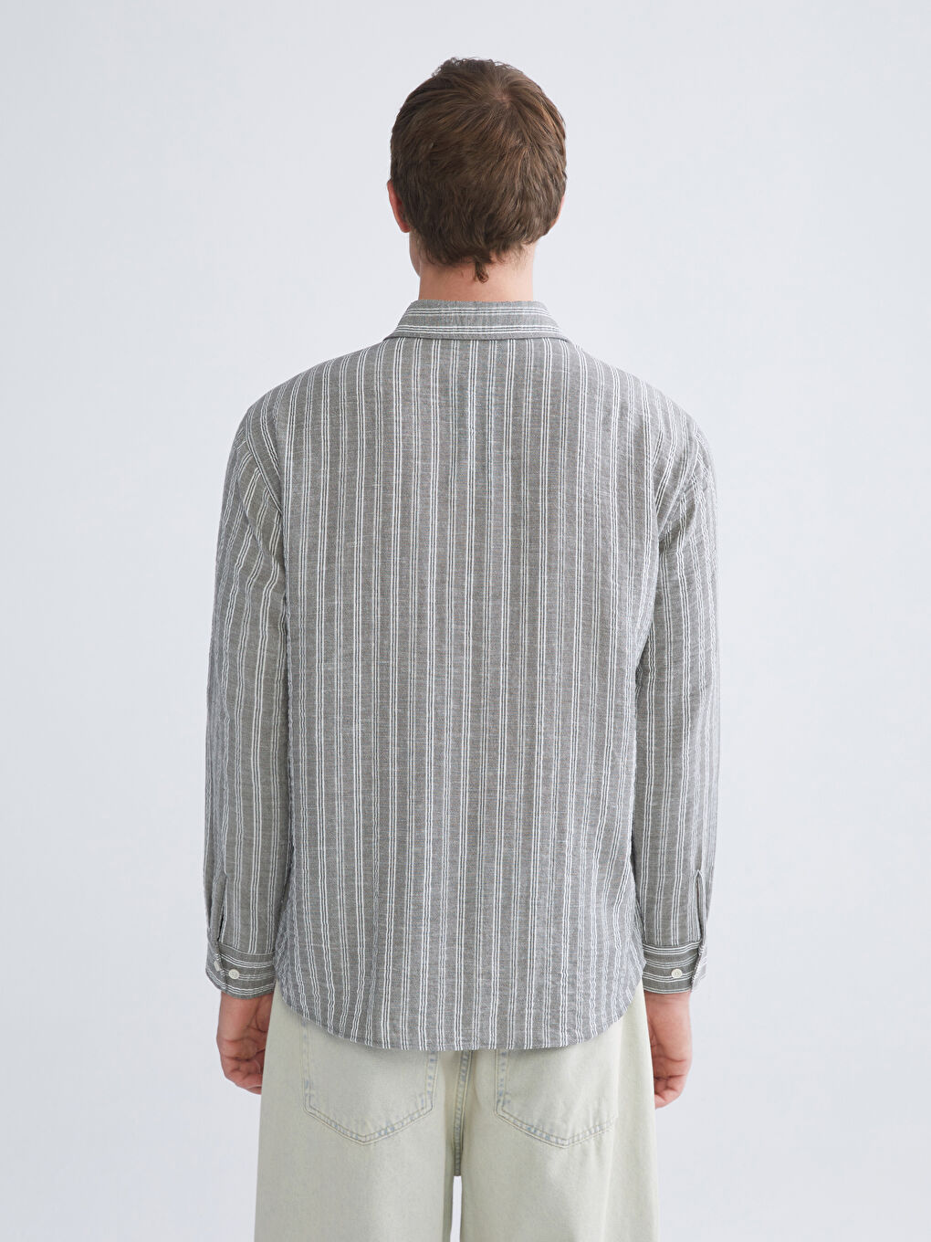 Haki Regular Fit Çizgili Erkek Gömlek-3