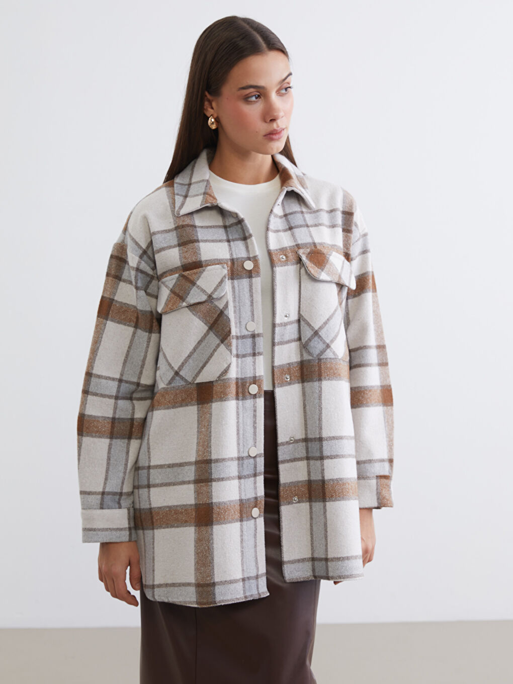 Kahverengi Ekose Oversize Kadın Kaşe Gömlek Ceket