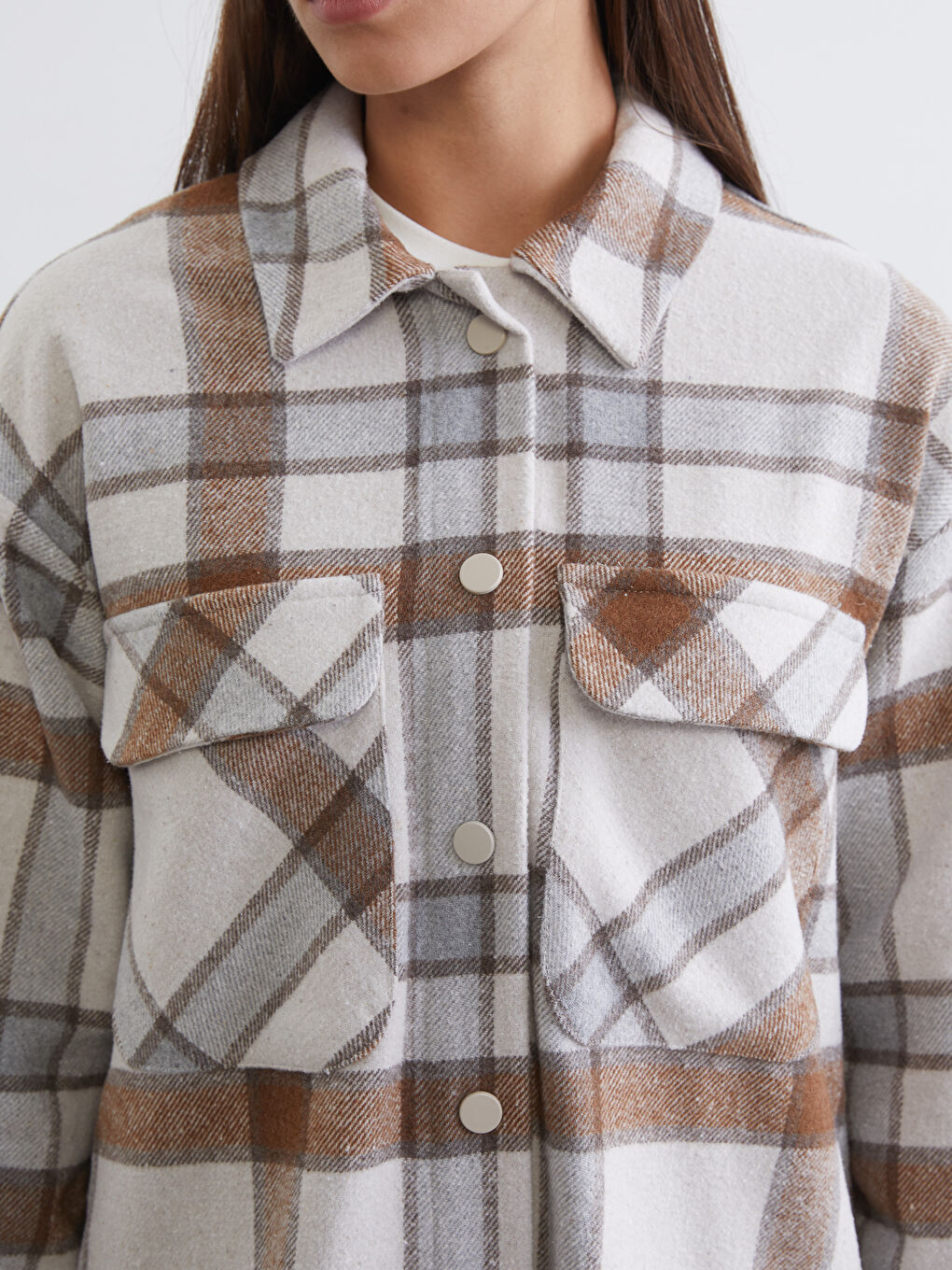 Kahverengi Ekose Oversize Kadın Kaşe Gömlek Ceket-2