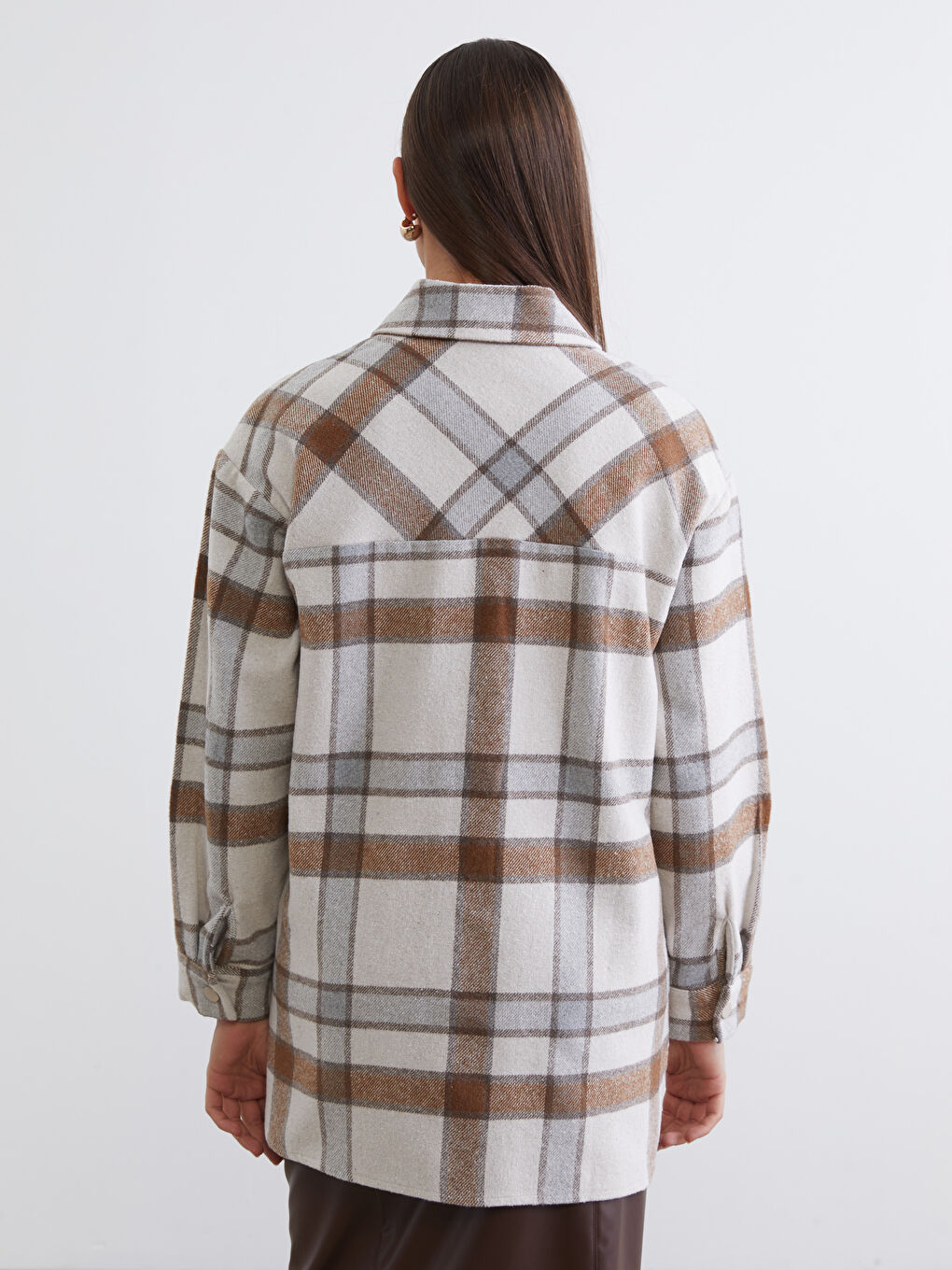 Kahverengi Ekose Oversize Kadın Kaşe Gömlek Ceket-3