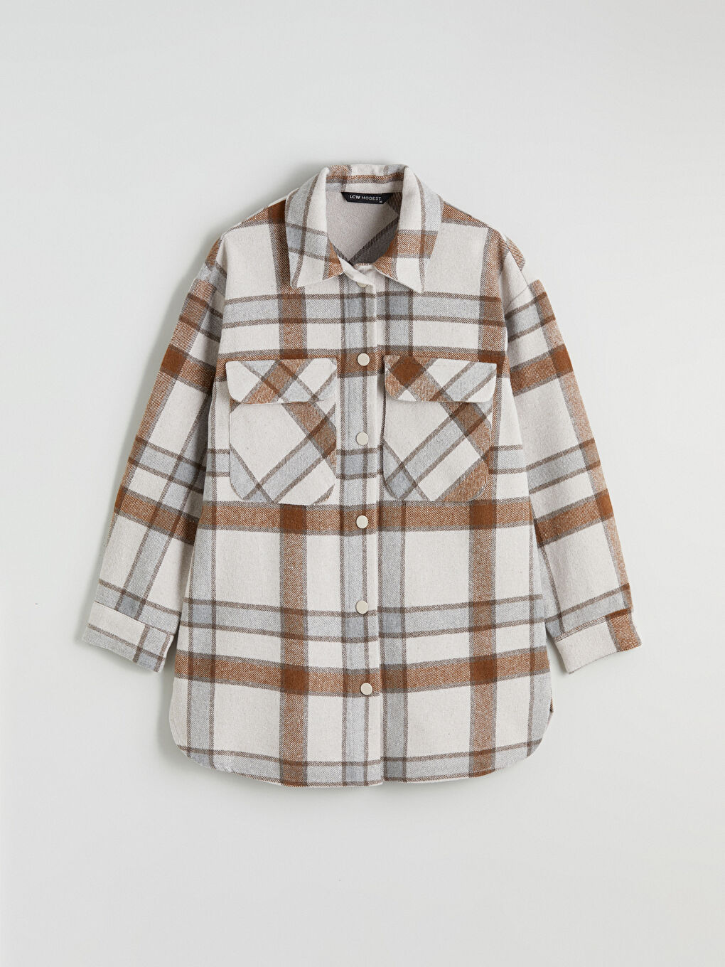 Kahverengi Ekose Oversize Kadın Kaşe Gömlek Ceket-4