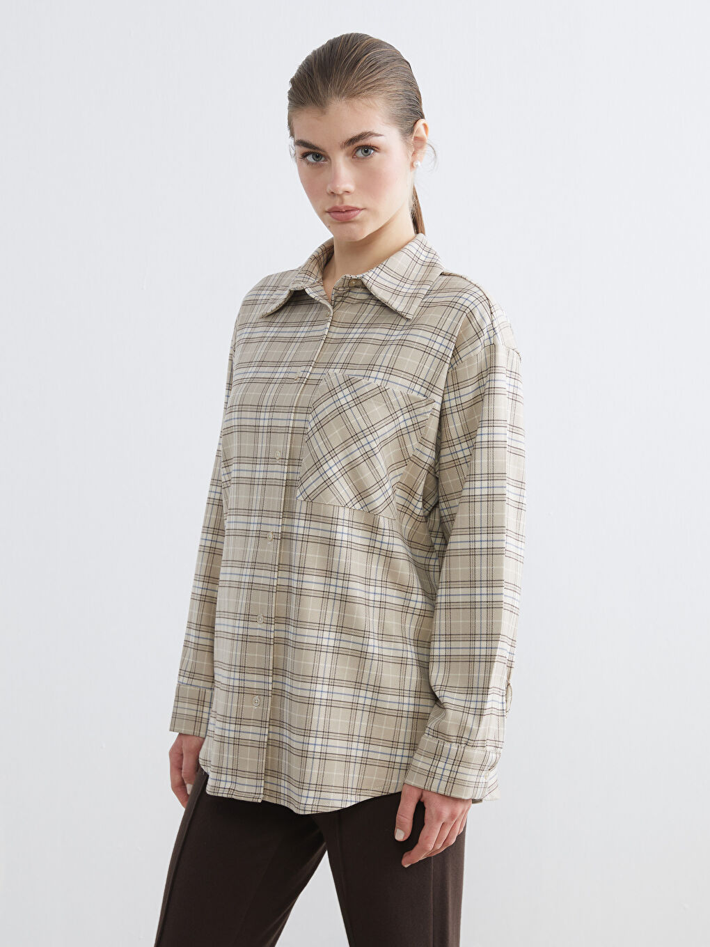 Kahverengi Ekose Kadın Gömlek