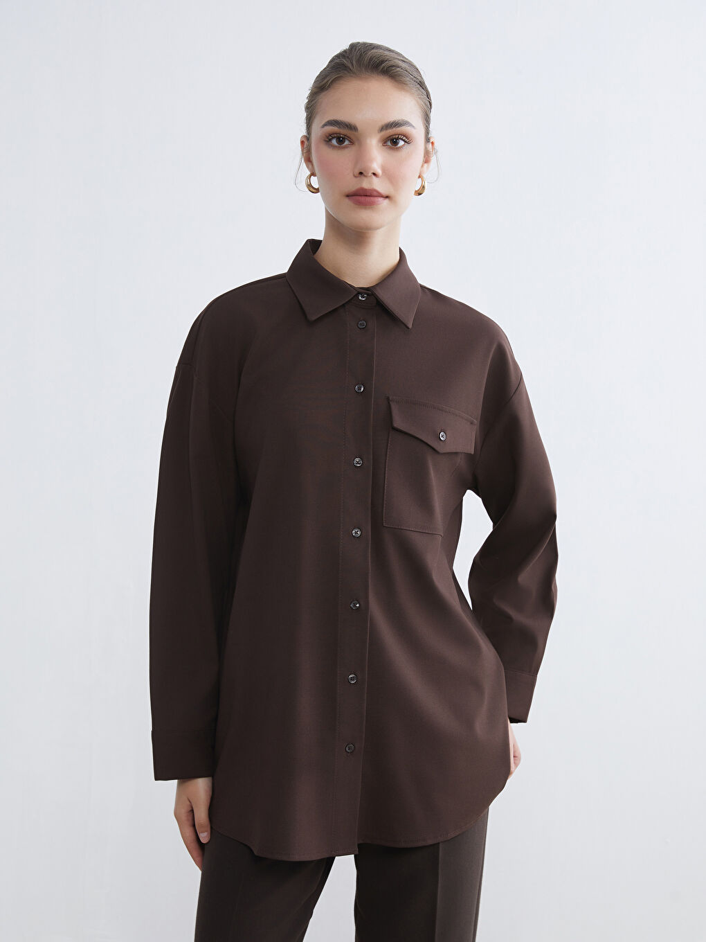 Kahverengi Loose Fit Kadın Gömlek Tunik