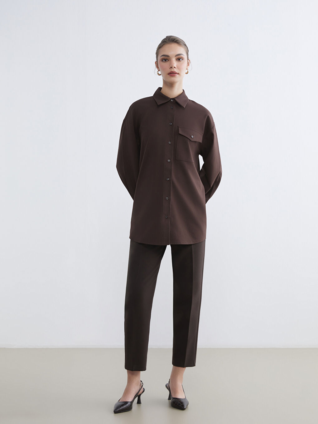 Kahverengi Loose Fit Kadın Gömlek Tunik-1