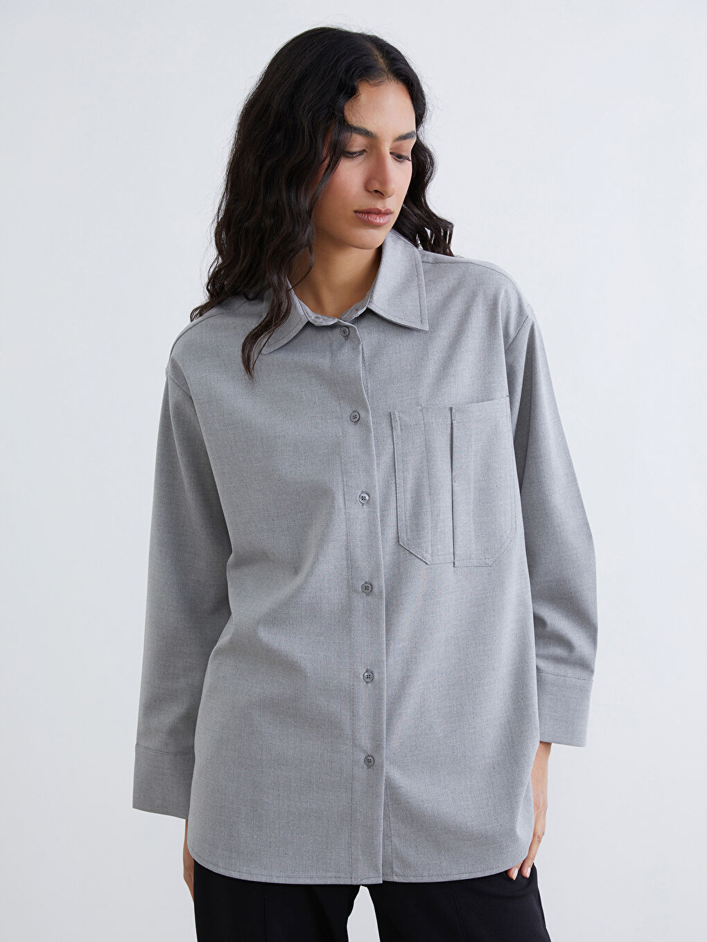 Gri Oversize Kadın Gömlek Tunik