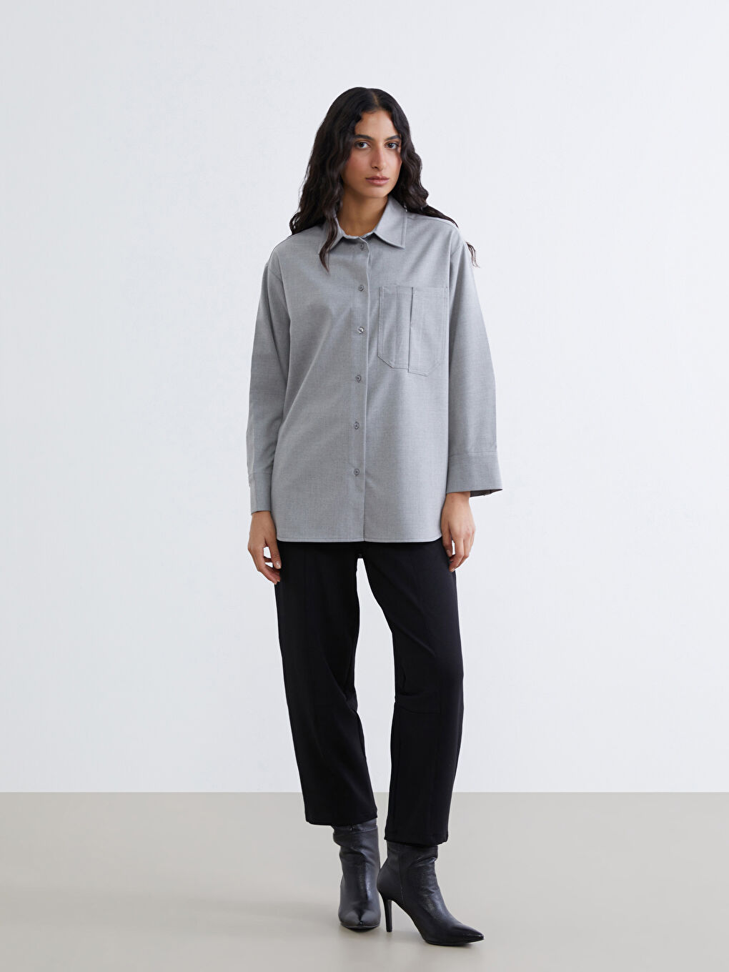 Gri Oversize Kadın Gömlek Tunik-1