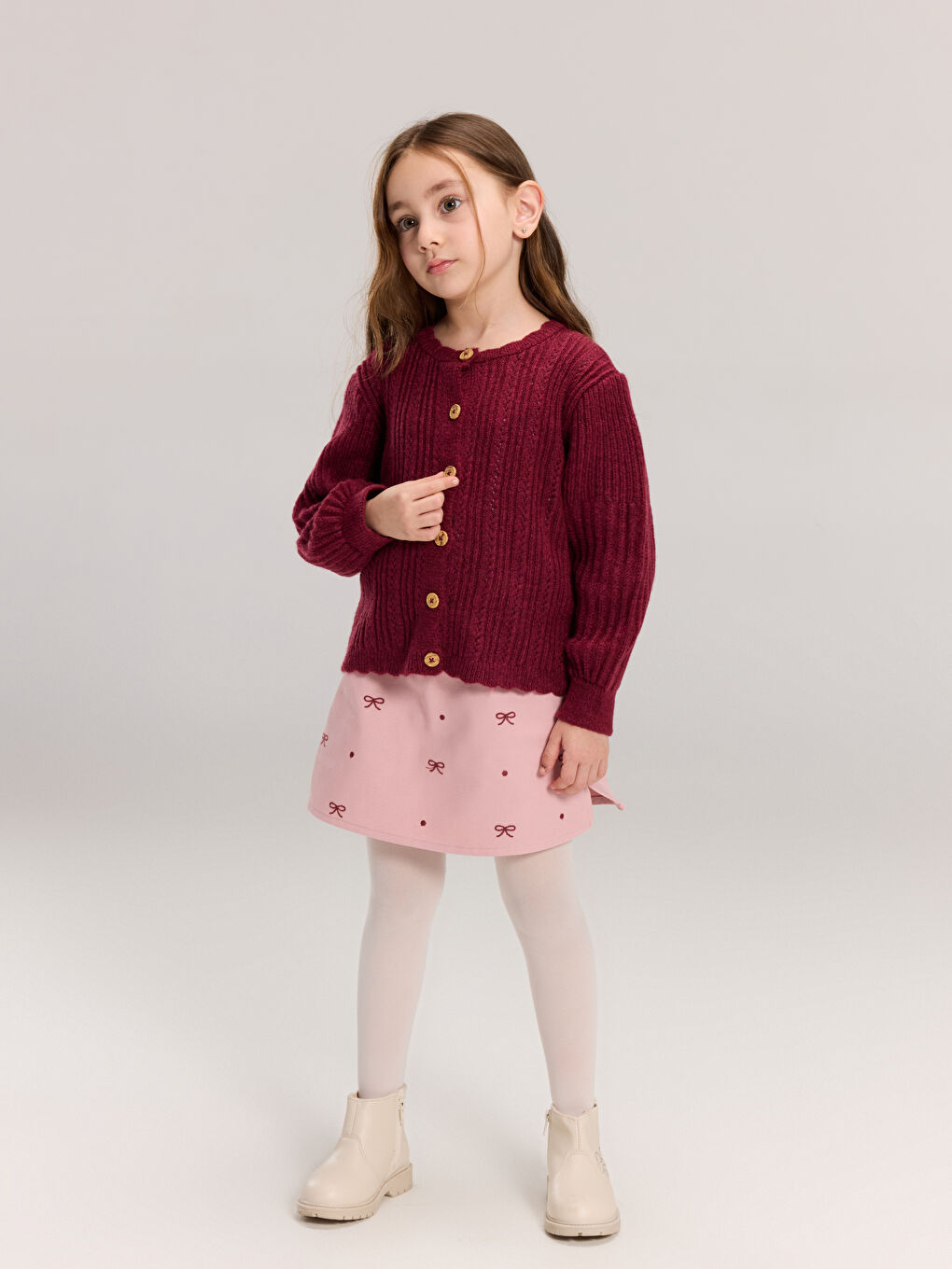 Cardigan cu guler rotund și mânecă lungă pentru fete-1