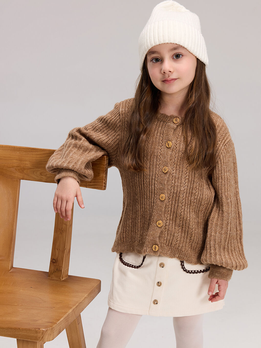 Crew Neck Long Sleeve Girl's Cardigan