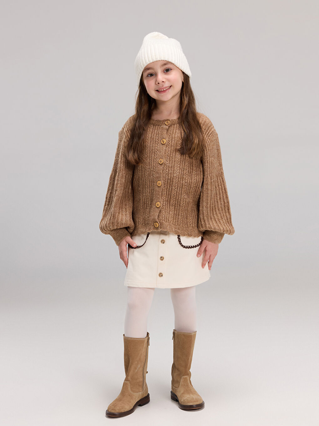 Crew Neck Long Sleeve Girl's Cardigan-1