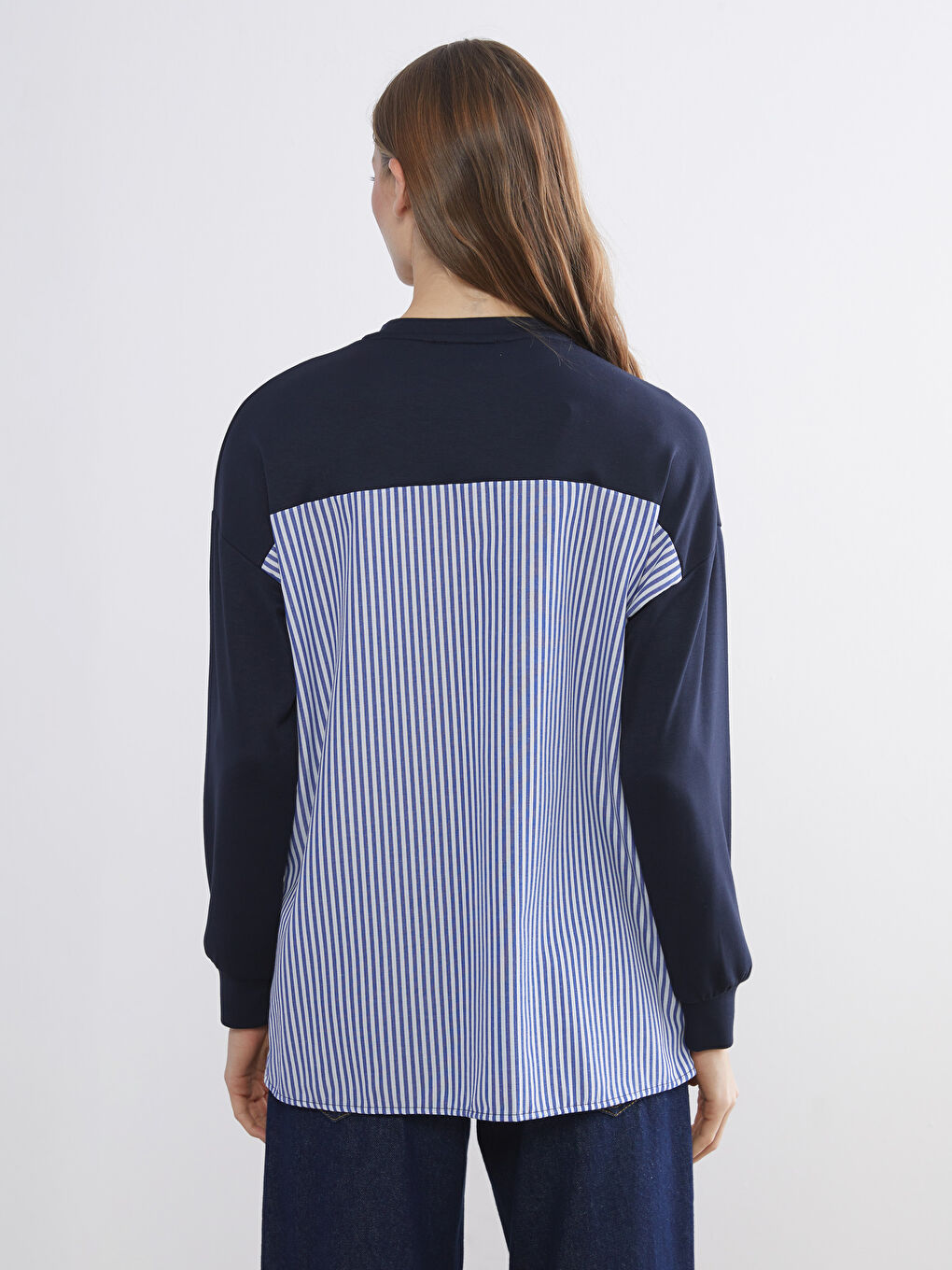 Lacivert Bisiklet Yaka Çizgili Kadın Sweatshirt-2