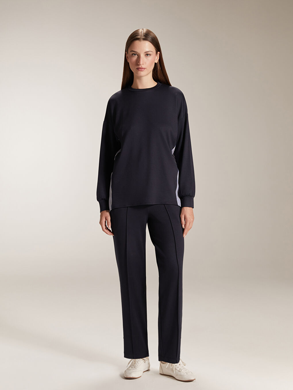 Lacivert Bisiklet Yaka Çizgili Kadın Sweatshirt-1