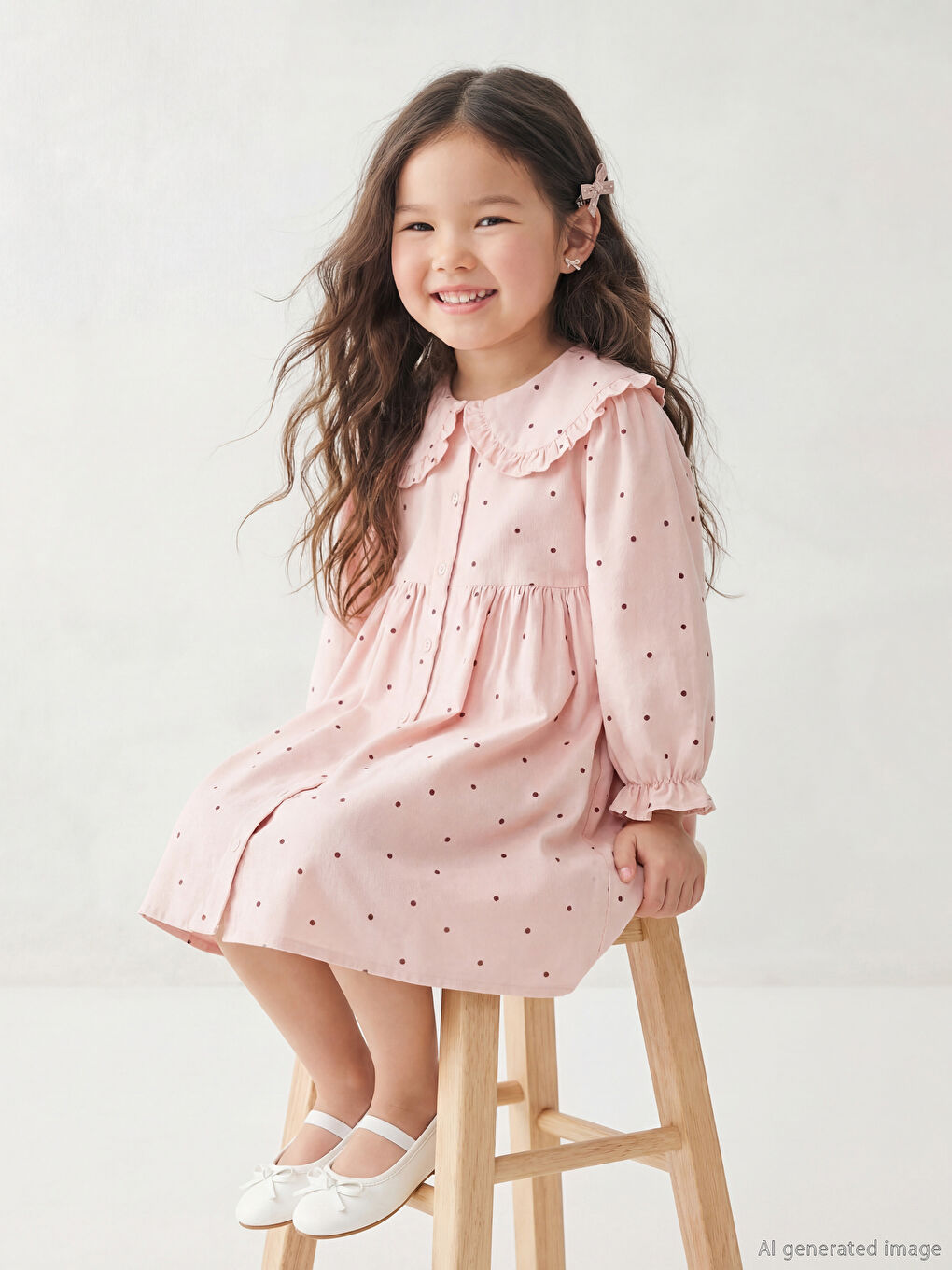 Pembe Bebe Yaka Puantiyeli Kız Çocuk Elbise